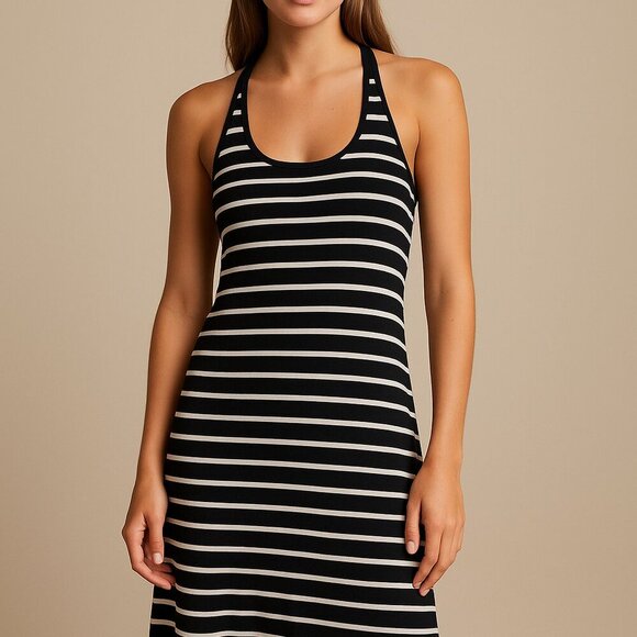 Joe Fresh Black White Stripe Midi Dress Size M Razorback Grunge Y2K - Picture 1 of 6